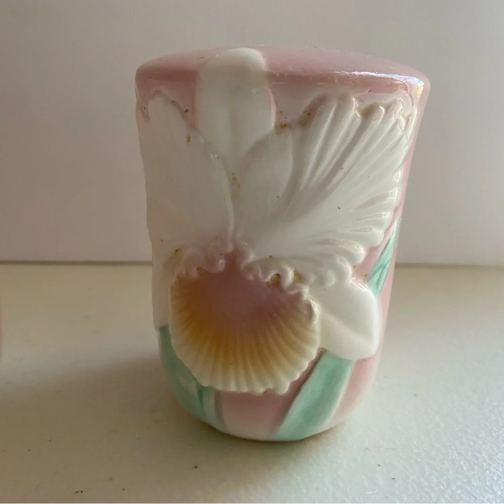 Vintage Otigari Salt Pepper Shakers Fiji Orchid Floral Japan Pink White Green - Picture 4 of 9